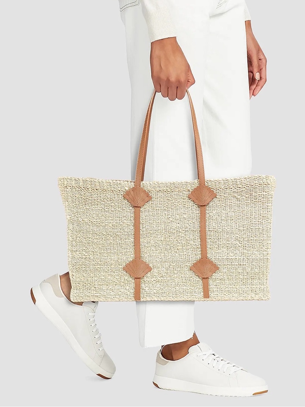 Poolside St. Tropez Handwoven Straw Tote Bag Woven Straw Tote with Tan Leather